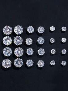 24 pièces Ensemble de boucles d'oreilles à la mode minimaliste avec zirconium cubique et rond brillant, idéal pour les fêtes, les rendez-vous, les cadeaux, et un port polyvalent au quotidien - Argent - Voir 3