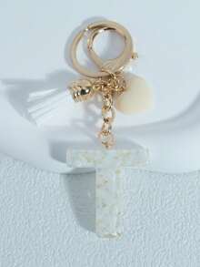 Shiny Marble Texture Uppercase English Resin Letter Set (26 Letters), 18K Gold Plated Lobster Clasp Chain Flat Ring 3 Pieces Set, Fashionable & Casual, Can Be Used As Cup Chain, Bag Chain, Phone Hanging Chain, Perfect For Birthday, Christmas Gifts, Car Accessories, Bag Charms, Campus Style, Gothic Style, Y2K Style - Beige - View 32