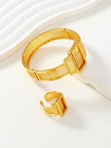 两件套中东斋月优雅镂空玫瑰几何网格拼接手链戒指首饰套装，斋月佳选，精美礼品 - 金黃色 - 查看 3