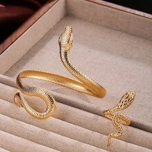 2件套复古蛇形设计首饰套装，可调节波西米亚风金属手链和戒指，时尚配饰，适合派对、节日、宴会等场合。 - 金色 - 查看 7