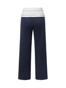 Sunny Girly Summer Y2K Back To School Casual Home Waistline White Pleated Patchwork Straight Pants Spring - Navy Blue - View 4