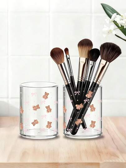 Cute Bow & Teddy Bear Print Transparent Acrylic Makeup Brush Holder, Suitable For Vanity, Lipstick, Eyebrow Pencil, Eyeshadow Brushes And Other Cosmetic Brushes,Room Decor