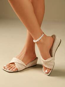 女士复古编织厚底露趾单带凉拖鞋，休闲度假沙滩高跟拖鞋，夏季 - 米色 - 查看 4