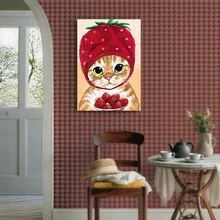 Framed Canvas Poster Print Wall Art 1pc Cat Eating Strawberry Canvas Poster-Art Poster, Poster Art, Graphic Poster, Canvas Printing, Ideal Gift For Bedroom Living Room Corridor, Wall Decor, Wall Art, Room Decoration, - Đóng khung - Xem 3