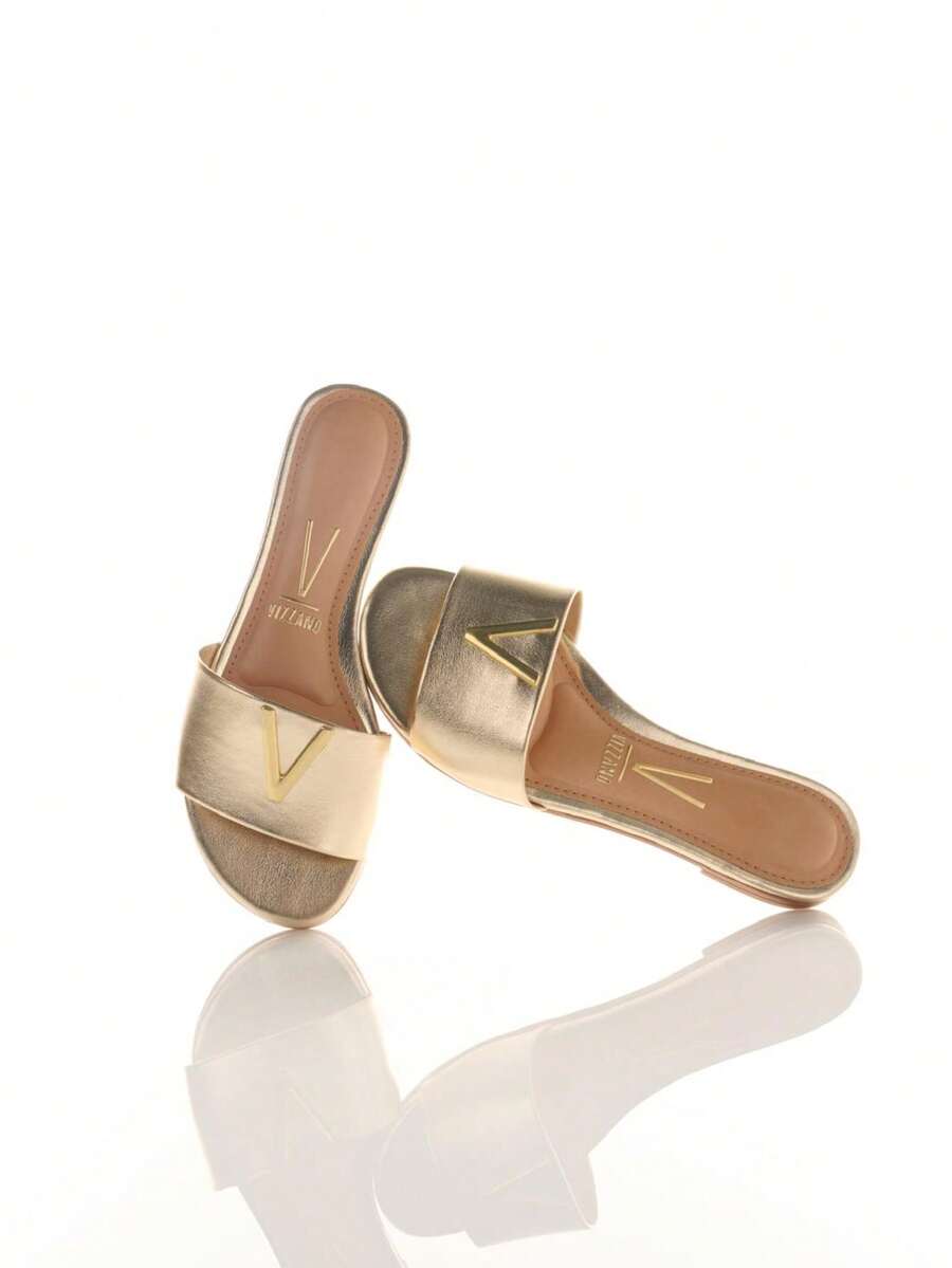 Vizzano Slide Sandal With Textured Strap And Metallic Logo Detail - Golden - View 1