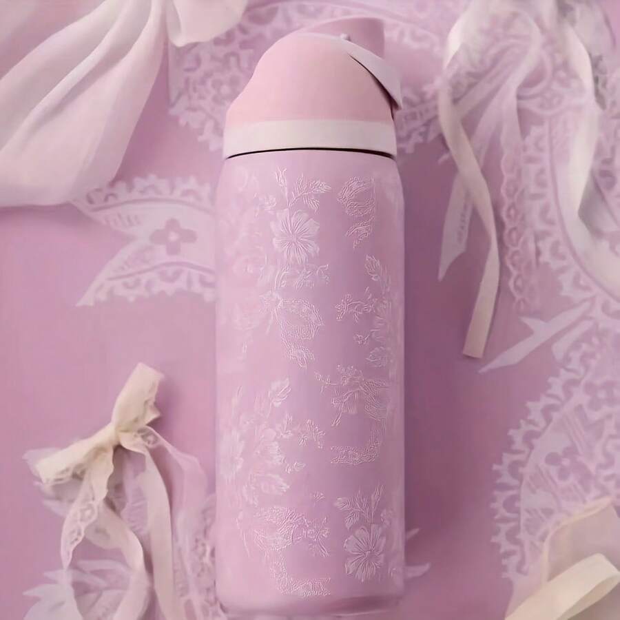 24oz /32oz Stainless Steel Insulated Water Bottle With Straw, Portable Coffee Mug Suitable For Hot & Cold Drinks, Fitness And Cycling Water Bottle, Leak-Proof Lid Travel Cup For Camping, Hiking, Driving, Outdoor Activities - Hoa màu hồng - Xem 1