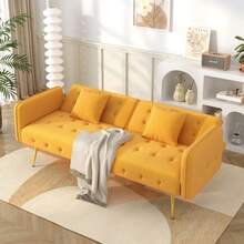 Multifunctional Two-Seater Sofa Bed With Bed Function, Adjustable Backrest, And Multi-Position Armrests. Modern Folding Sofa Bed For Living Room - Velvet Upholstery. Spacious Sleeping Area. - Mustard Yellow - View 3