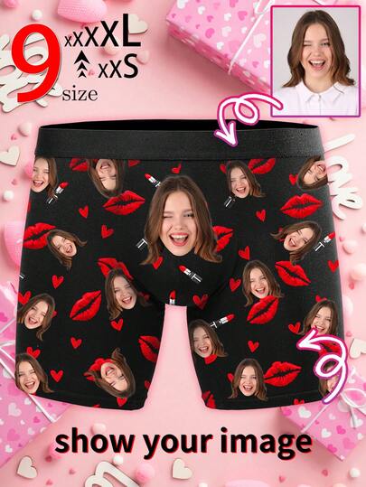 1pc Men's Custom Photo Print Boxer Briefs - Romantic Lipstick & Heart Design, Ideal Custom Gift & Daily Wear, Custom Face Boxer Briefs, Personalized Boxers For Husband, Custom Face Underwear, Custom Funny Faces Boxers Briefs, Anniversary Gift, Valentine Gift, Birthday Gift, Wedding Gift, Best Friend Gift, Gift For Boyfriend, Gift For Husband, Gift For Him