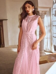 Simplee Vestido de mujer de primavera/verano con cuello redondo sin mangas, con inserto de tul en el bajo, con detalles elegantes de encaje, adecuado para fiestas y bodas, color rosa - Rosa - Ver 2