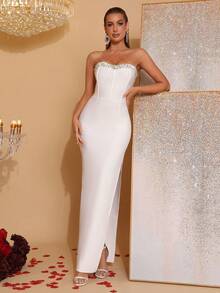 Modphy New Women's Rhinestone Strapless Slit Thigh Tube Bodycon Wedding Bridesmaid Dress, Holiday Party Bandage Dress - Putih - View 4