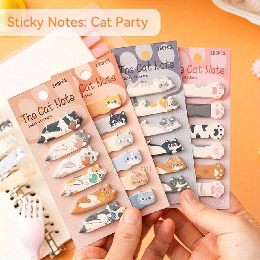 1 Set Of Approx. 180pcs Cute Cartoon Cat Shaped Sticky Notes, Small Memo Pads Suitable For Office, School, Diary - Unique Bookmarks Index Tabs - Multicolor - View 1