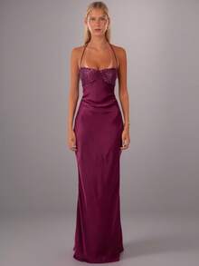 2026 New Arrival Women's European American Summer Dress - Sexy Strapless Sequin Satin Solid Color Backless Tie Hip-Hugging Long Dress - 紫色 - 查看 1