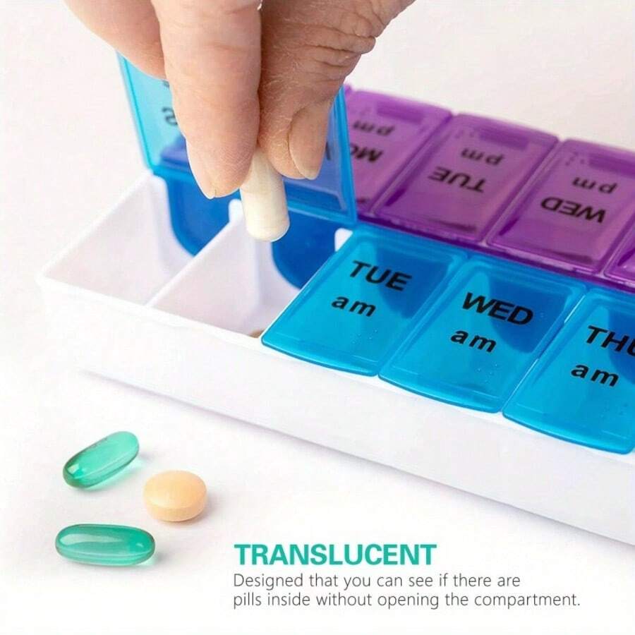 1pc 7 Day Weekly AM PM Pill Organizer, Large Pill Case Pill Box For Pills Vitamin Supplements Medication (Purple/Blue),14 Compartments Vitamin Pill Container For Tablets, Medications, Fish Oil, Home Decor, Party & Christmas Storage - Xanh lam + Tím - Xem 1