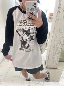 Y2K朋克风黑白撞色插肩长袖T恤，女款复古猫咪印花图案T恤 - 白色 - 查看 1