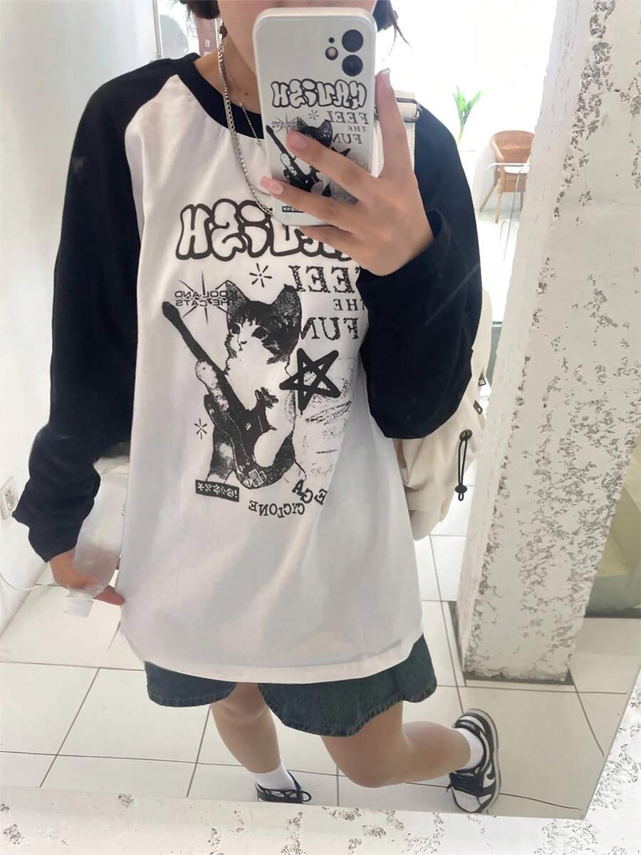 Y2K朋克风黑白撞色插肩长袖T恤，女款复古猫咪印花图案T恤 - 白色 - 查看 1