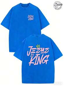 Jesus Is King, Believe In God,God Will Bless You,Classic Retro Fashion Jesus Popular Letter Pattern Printing Boutique 230g Washed Cotton T-Shirt Men's - 藍色 - 查看 1