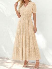 Women's Boho Maxi Dress, Summer Short Sleeve V-Neck Floral Flowy A-Line Long Dress, Formal For Wedding Guest & Baby Shower - 杏色 - 查看 3