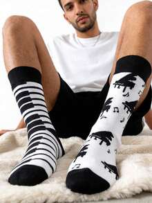 1双男女通用时尚黑白阴阳钢琴图案中筒袜，情侣袜，适合所有季节，春夏皆宜 - 黑與白 - 查看 3