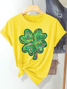 (St. Patrick's Day) Green Pink Black Glitter Texture Design Four-Leaf Clover Pattern Print Fashion Elegant Women's Spring Summer Autumn Casual Sports Style Top Soft Comfortable Round Neck Short Sleeve T-Shirt Available In S-XXL - 黃色 - 查看 7