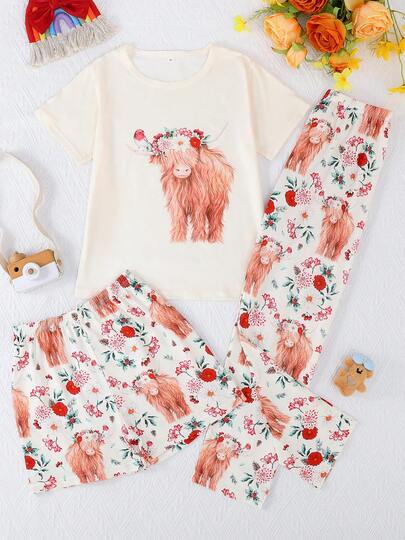 3pcs/Set Girls' Casual Cute Highland Cow & Floral Print Round Neck Short Sleeve Top And Shorts & Pants Sleepwear Set, Flame Retardant, All Season