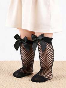2 Pairs Baby Girls' Cute Bow Fishnet Socks, Elastic Breathable Mesh Mid-Calf Socks, Suitable For Summer - Black and White - View 10