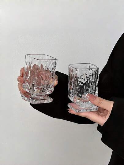 1pc Square Glass Cup With Ancient Tree Pattern, Unique Short Stem Design, Asymmetrical Twisted Wavy Texture, Suitable For Cold Brew Coffee And Whiskey, Dishwasher , Applicable For Home, Restaurant And Bar Beverage