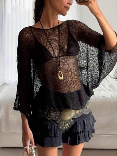 Damen lässiger, süßer, transparenter Fledermausärmel-Textured Y2K Streetwear sexy Strickpullover, geeignet für Frühlings-/Sommerausflüge, Urlaub, Rückkehr zur Schule, Dates, Büro, Nachtleben, Partys, Reisen