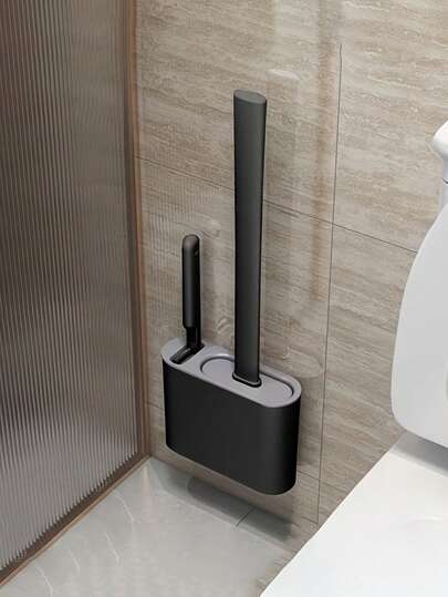 1pc 2-In-1 Toilet Brush Set With Holder, PP Material, Silicone Cleaning Brush, Wallmount Toilet Brush With Storage Box, Suitable For Bathroom & Toilet, Mother's Day & Easter Gift, Flat Head Design For Bathroom & Kitchen Cleaning, Easy To Hang Organizer, Durable Silicone Brush, Toilet Brush And Holder, Usable All Year Round