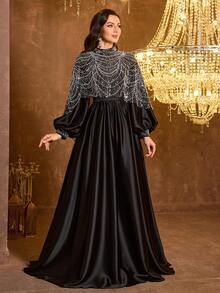 UNITHORSE Women's Mandarin Collar Lantern Sleeve Fitted Shiny Sequin Satin Evening Dress - Black - View 6