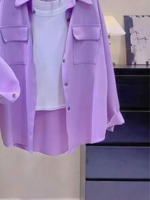 女士紫色纽扣衬衫领长袖上衣，常规版型，梭织面料，适合春季休闲穿着 - 紫色 - 查看 3