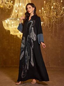 SUPGIR 女士【随机印花】立领长袖手工串珠缎面正式连衣裙 - 黑色 - 查看 5