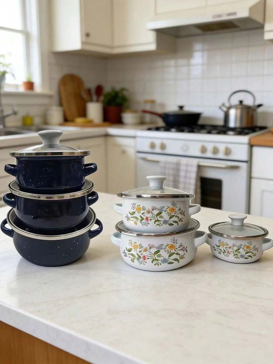 3pcs/Set Multi-Color Enamel Coated Saucepan Set, Mini Pot For Porridge, Milk, Soup, Noodles, Suitable For Induction Cooktop & Gas Stove - Small Pot Three-piece Set - View 1