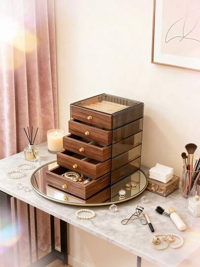 1个带盖五层/三层首饰盒，金色抽屉 - 欧式奢华棕色首饰收纳盒，适用于项链、手链、耳环、戒指 - 防尘、防刮，天鹅绒托盘套装，经久耐用，适合家用