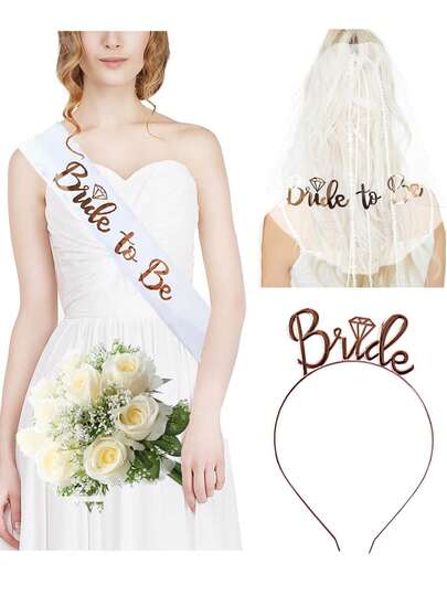 3件套新娘头纱缎带腰带新娘送礼会婚礼装饰单身派对用品