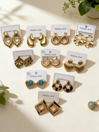 10 piezas Juego de aretes de acero inoxidable dorado para mujer | Serie de aretes exagerados geométricos y en forma de gota de agua (entrega aleatoria de 1 par, 3 pares, 5 pares, 7 pares o 9 pares)