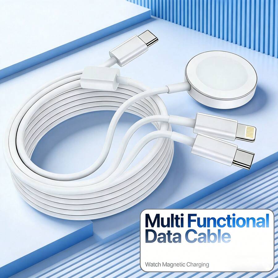 Cable de carga universal 3 en 1, compatible con IWatch 1-11 SE/Ultra + 17 Pro Max y todos los teléfonos/IPad de la serie, carga magnética de reloj + cable de interfaz dual, carga para múltiples dispositivos - Blanco - Ver 1