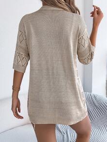 夏季新款开放式针织短袖罩衫度假海滩泳衣罩衫，女士薄款纯色外套 - 卡其色 - 查看 2