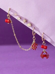 Bộ 6 khuyên tai hình sao biển phong cách đại dương dành cho nữ, bao gồm san hô, cua, vỏ sò và các yếu tố khác, phụ kiện trang sức phong cách boho cho kỳ nghỉ. - Nhiều màu - Xem 6