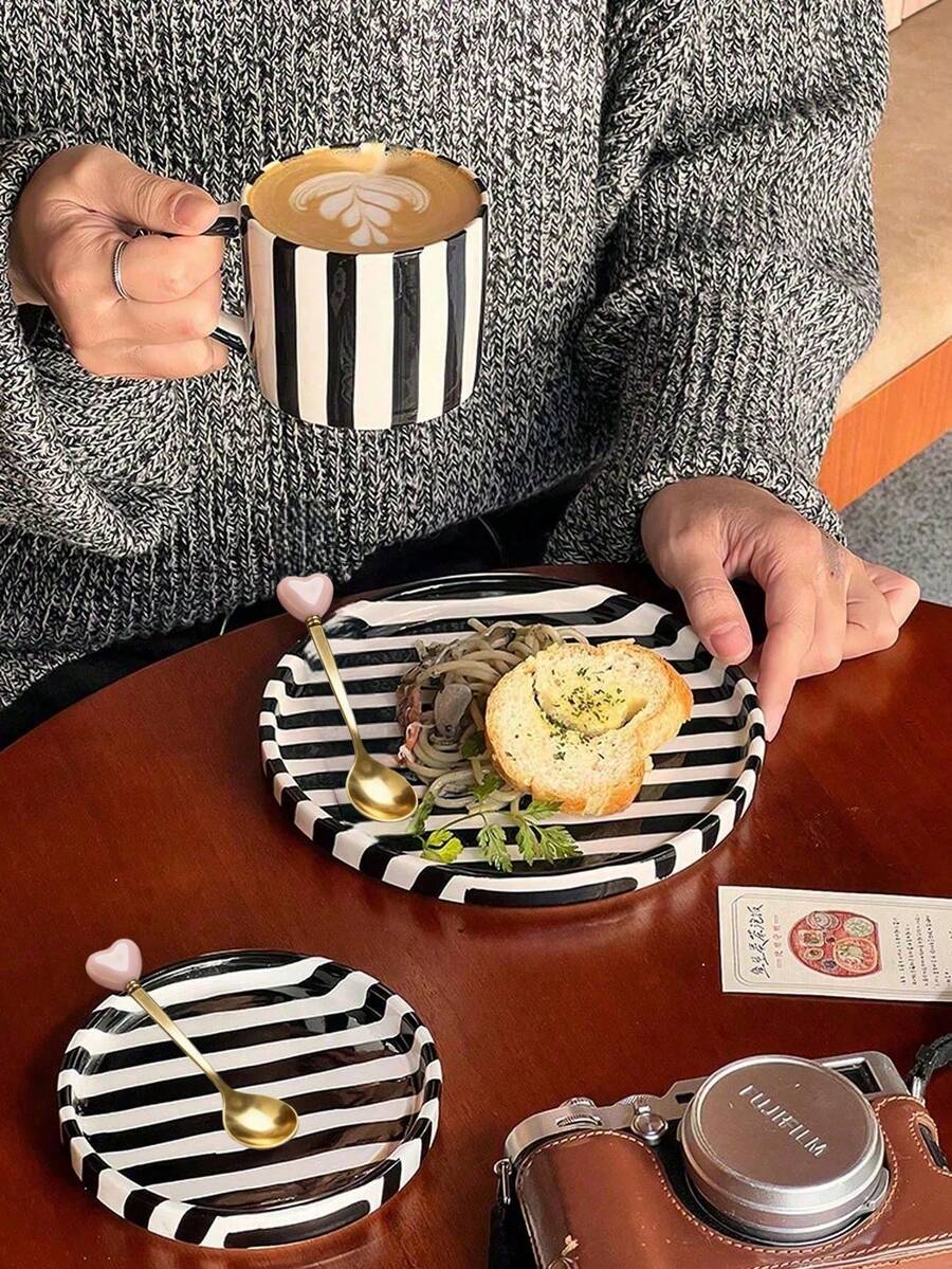 1 Set Retro Striped Ceramic Tea Cup & Saucer, Coffee Cup & Plate (With Love Spoon), Breakfast, Beverage, Tea Party, Afternoon Tea, Home, Garden, Restaurant, Suitable For Summer And Winter, Gift - Multicolor - View 1