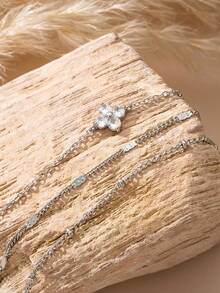 3件套优雅立方氧化锆花朵叠层手链套装，适合女性日常、约会、派对、聚会等场合佩戴（珠子数量随机） - 銀色 - 查看 4