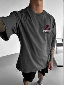 Zrgoth Men's Casual Versatile Simple Rose Flower Print Short Sleeve T-Shirt - Dark Grey - View 2