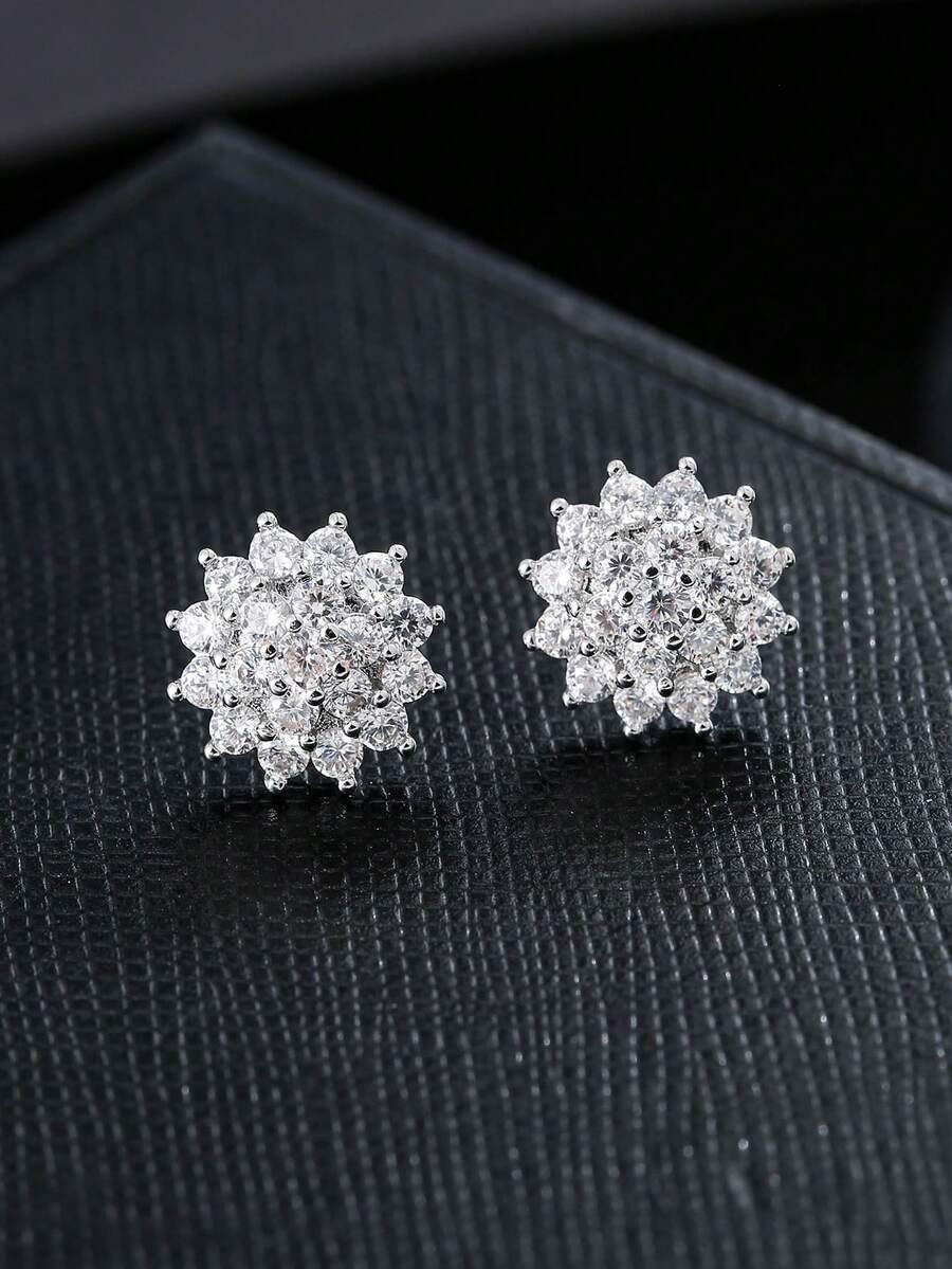 1 Đôi bông tai đinh tán hình bông tuyết tối giản, đa năng, đính đá Cubic Zirconia. - Bạc - Xem 1