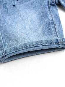 Boys' Summer Distressed Cat Whisker Washed Denim Shorts With Text Embroidery - Light Wash - View 9