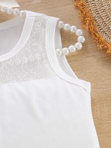 2pcs/Set Girls Lace Patchwork Sleeveless Top And Embroidered Mesh Skirt, Summer Fashion - White - View 3