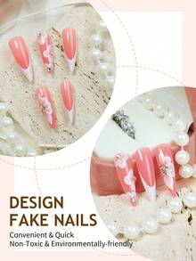 French Flower Acrylic Nails 24Pcs Stiletto Press On Tips, DIY Art Pink Fake Nails Set 3D, Decorated With Silver Bead Accessories, Suitable For Nail Salons, Girls And Women Nail Supplies For Daily Wear And Holiday Party Decorative Gifts - Multicolor - View 3