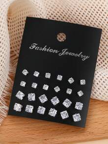 24 pièces Ensemble de boucles d'oreilles à la mode minimaliste avec zirconium cubique et rond brillant, idéal pour les fêtes, les rendez-vous, les cadeaux, et un port polyvalent au quotidien - Argent - Voir 5