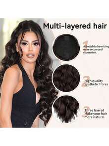 26英寸长卷曲波浪抽绳马尾假发，合成假发，适合女性日常佩戴 - 彩色 - 查看 8