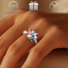 1pc 925 Sterling Silver Jewelry, Exquisite Design, Inlaid With Various Colors Of Cubic Zirconia Gemstones, Flower-Shaped, With Rotating Function - Silver - View 5