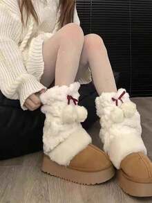 1双可爱毛球腿套，厚实蓬松的Y2K风格保暖中筒腿套，秋冬季保暖腿套 - 彩色 - 查看 2