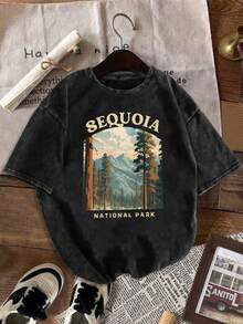 Summer Tops2026Women's Size Redwood National Park T-Shirt - Soft Blue Washed Oversized Round Neck Short Sleeve With Redwood & Mountains Print - Casual -Line Top Suitable For Men & Women, 2025 & 2026 New Year's Giftsummer Clothes Washed Cotton - 黑色 - 查看 12